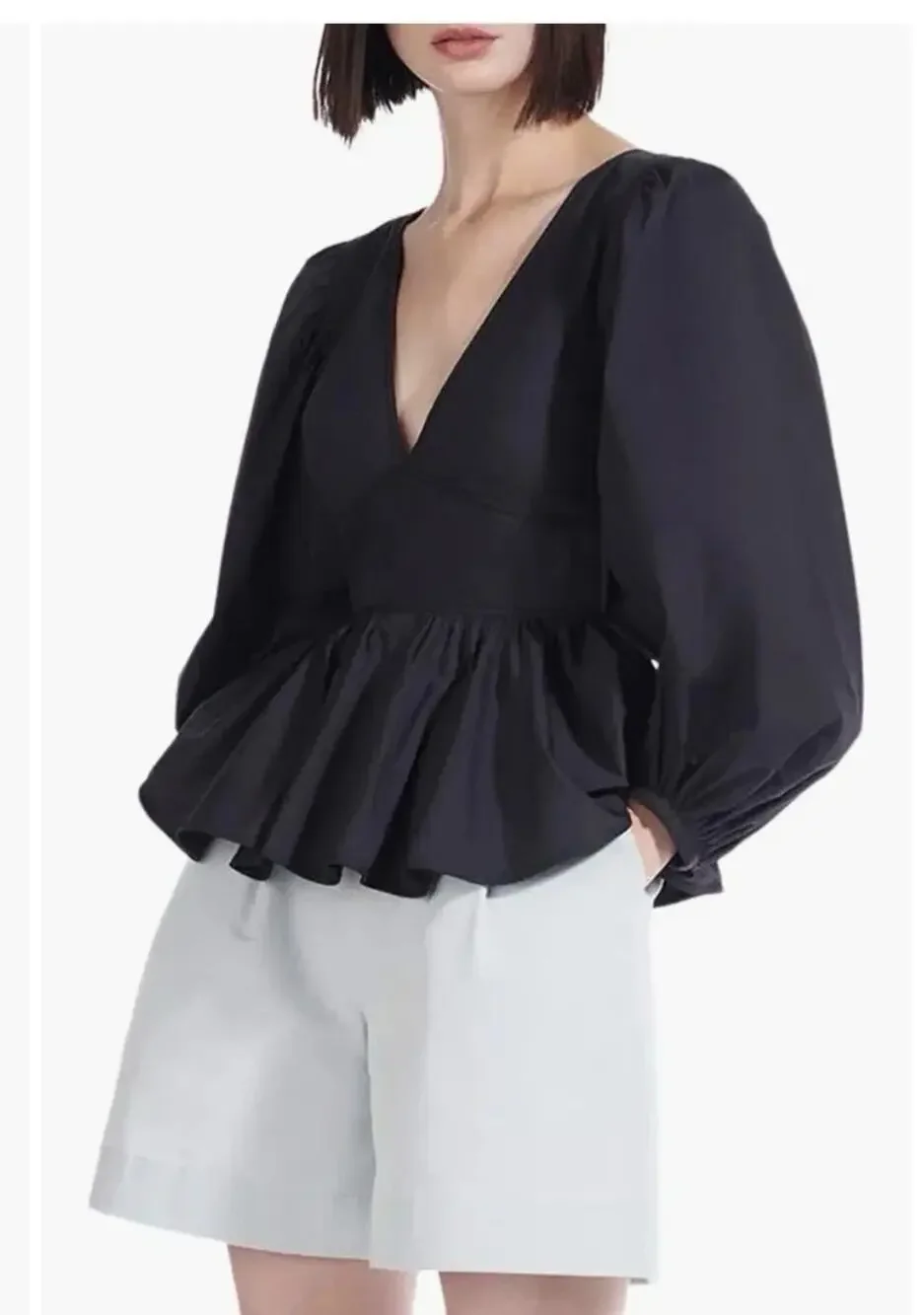 STAUD Luna Black Poplin Peplum Top 4 Puff Sleeve V-Neck Open Back Blouse NWT